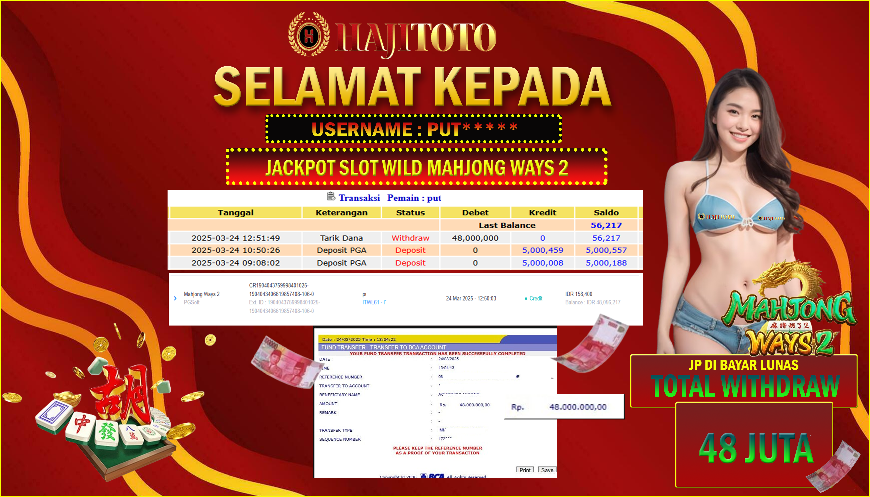 SELAMAT KEPADA PEMENANG MEMBER MERAIH JACKPOT DI GAME SLOT MAHJONG WAYS 2 TOTAL RP 48.000.000 DI BAYAR LUNAS